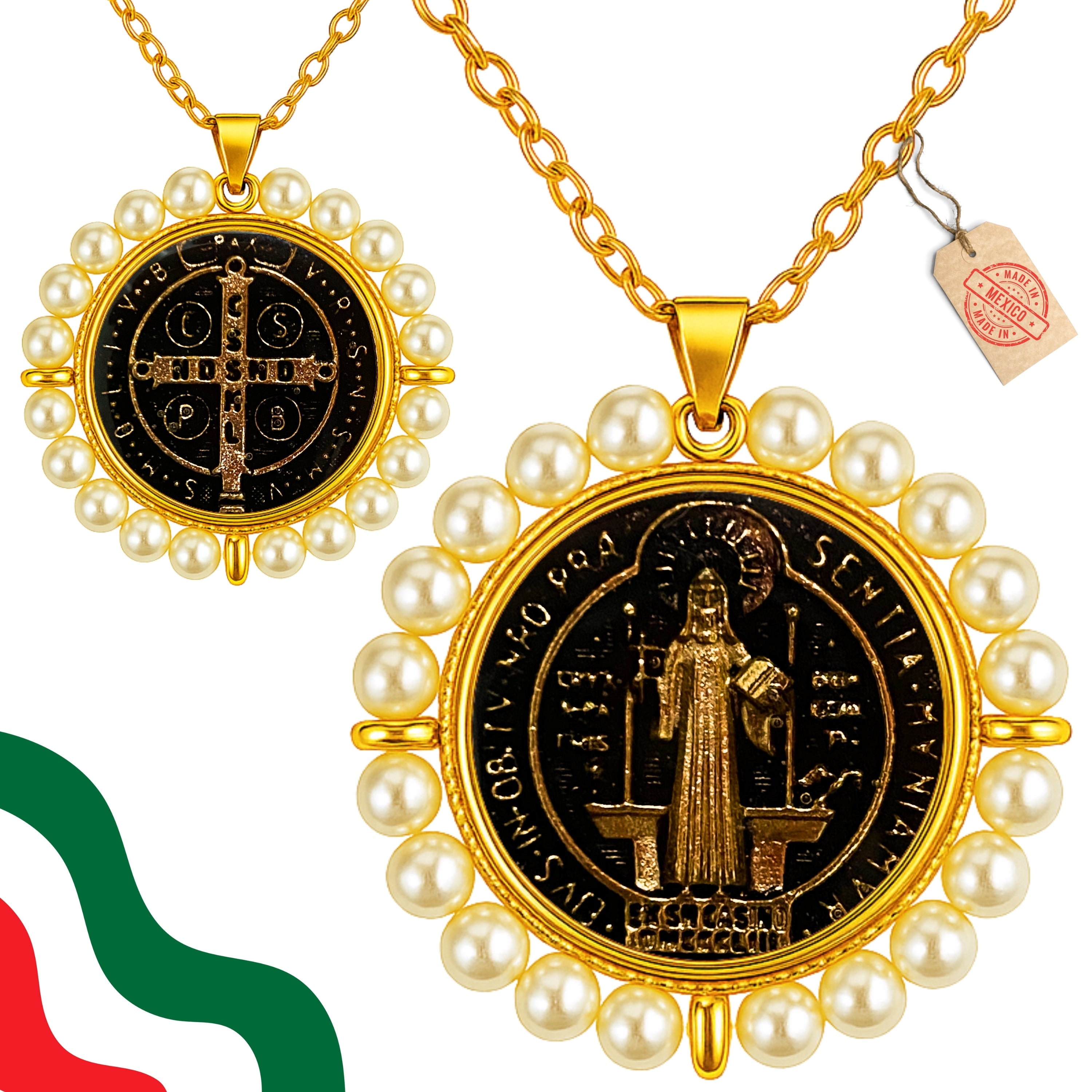 Medalla San Benito Lacado con Perlas