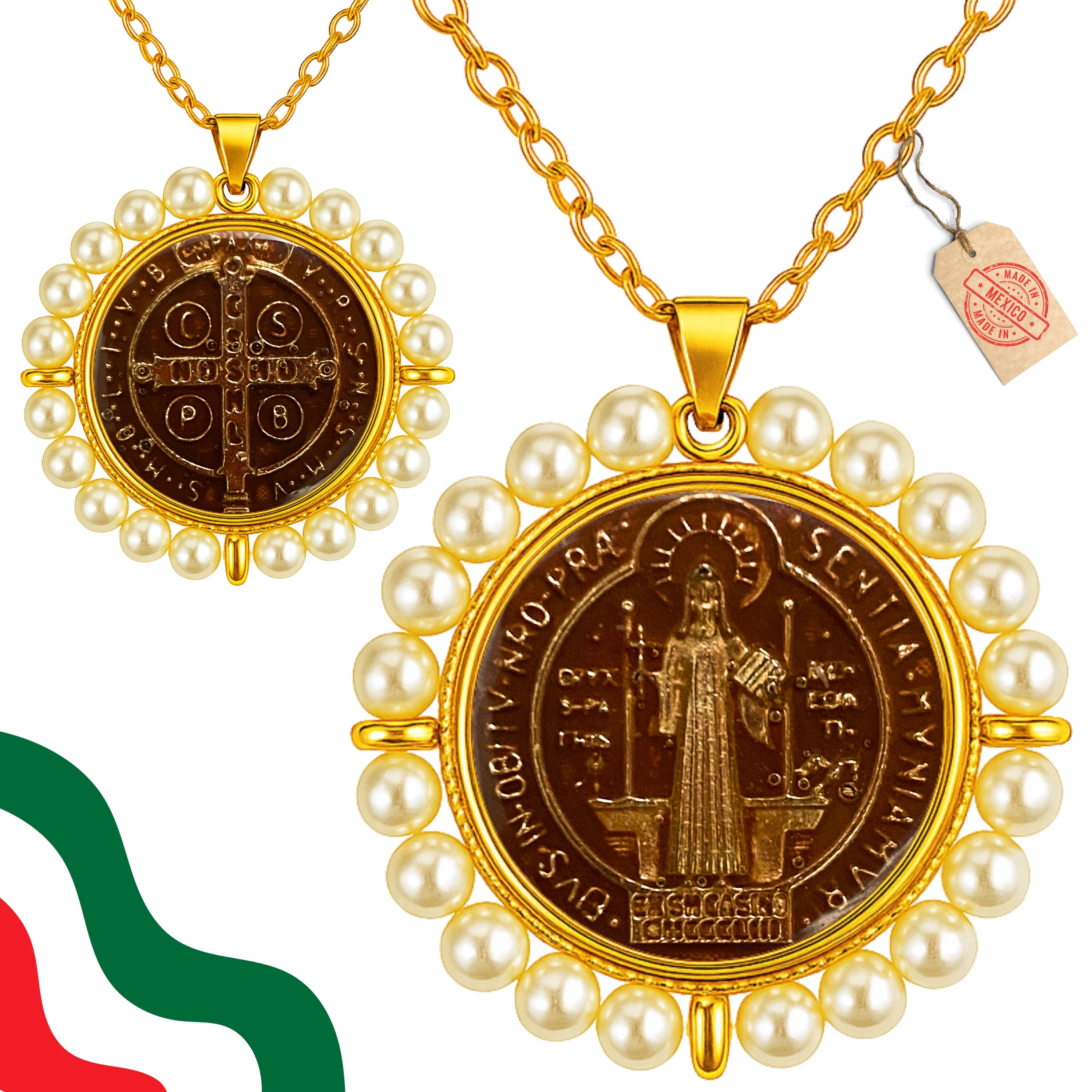 Medalla San Benito Lacado con Perlas