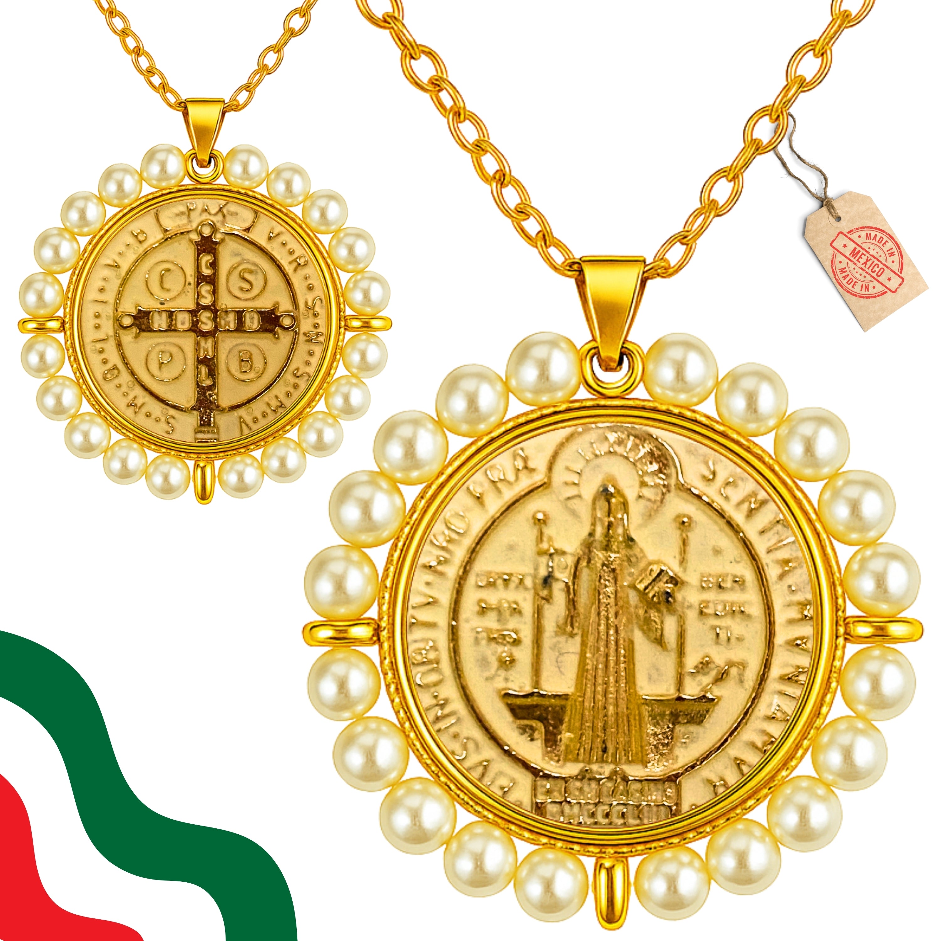 Medalla San Benito Lacado con Perlas