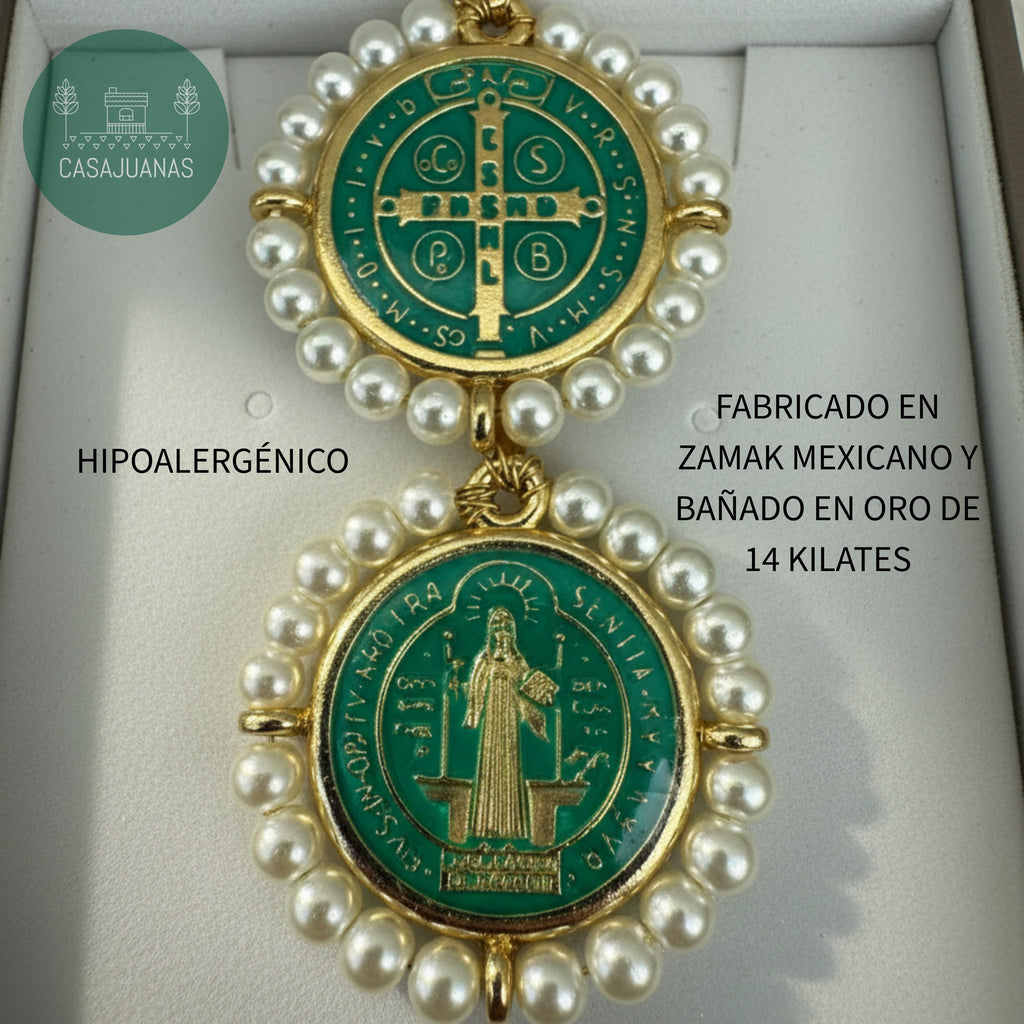 Medalla San Benito Lacado con Perlas