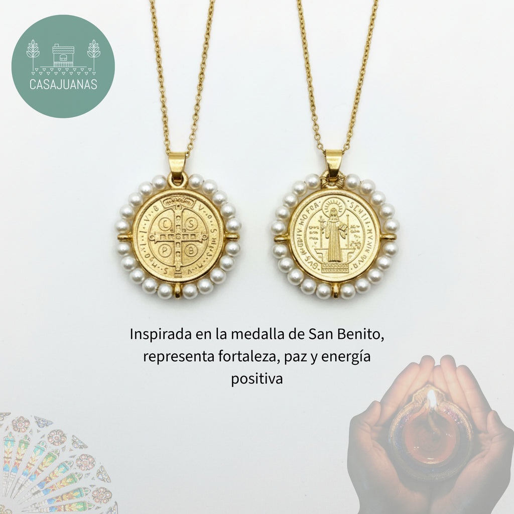 Medalla San Benito Lacado con Perlas
