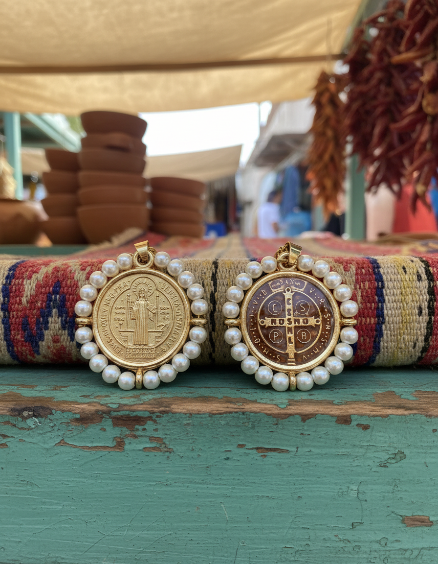 Medalla San Benito Lacado con Perlas